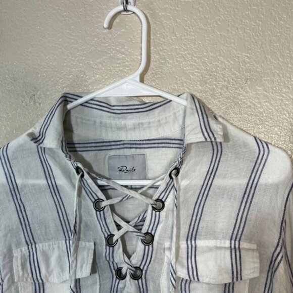 Rails Womens Matea Lace Up Stripe Linen Blend Long Sleeve Shirt Size XS White - Picture 2 of 5